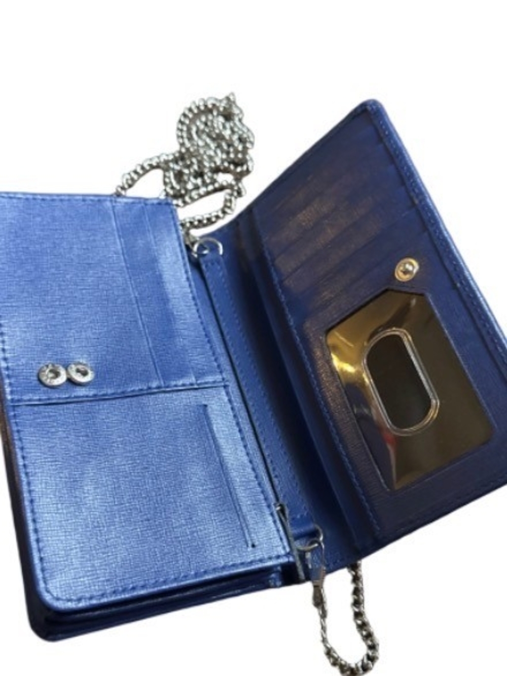 Jack Georges Elegant Blue Crossbody Clutch with Silver Chain Strap
